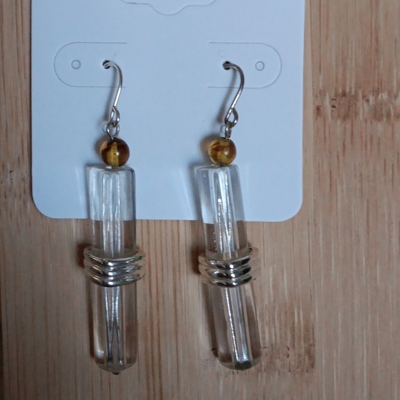 Clear Glass Triangular Cylinder Silver Tone Dangle Earrings - Picture 5 of 6